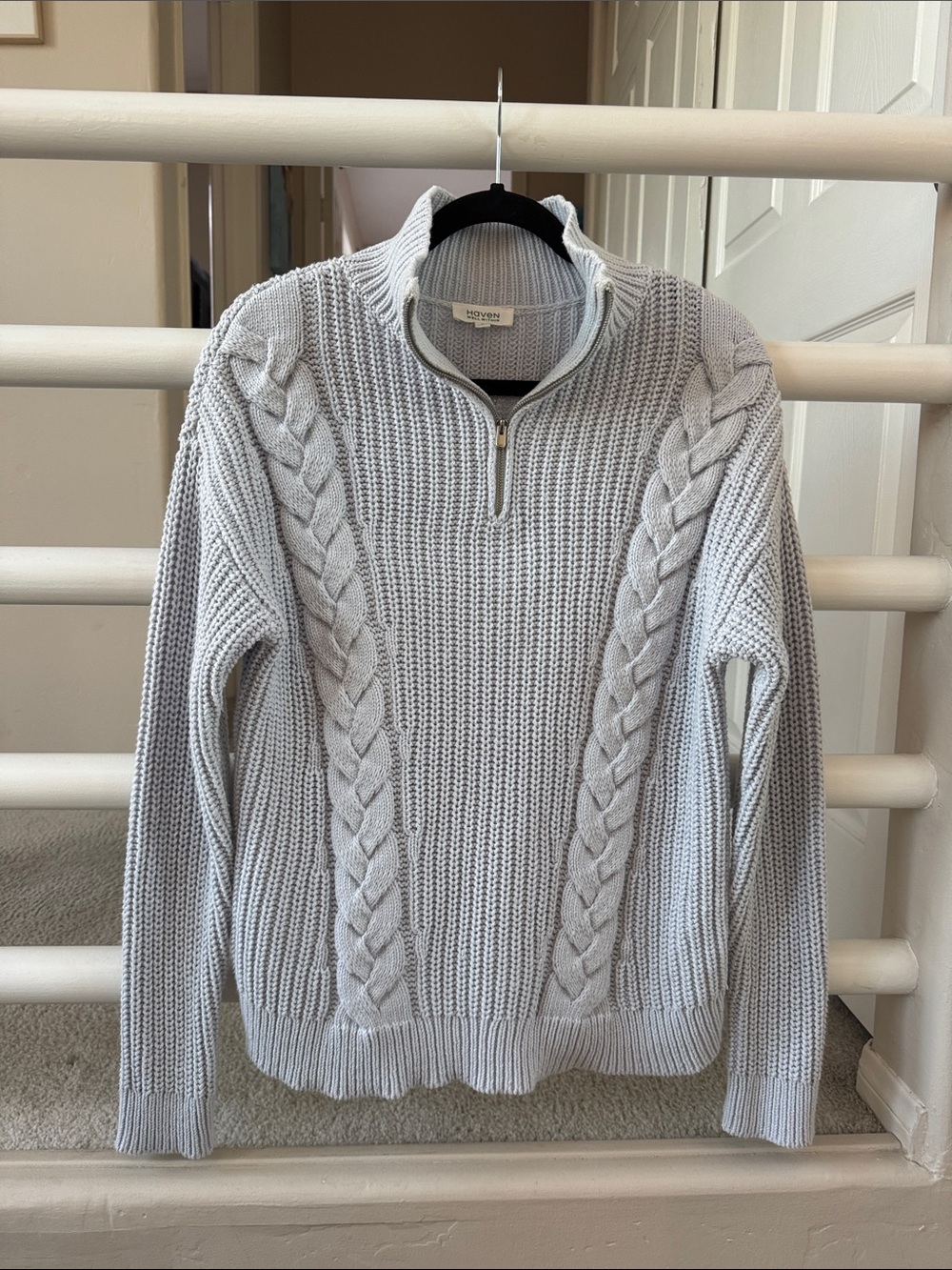Haven Well Within Shaker Stitch Light Blue Gray Cable Knit Half-Zip Sweater